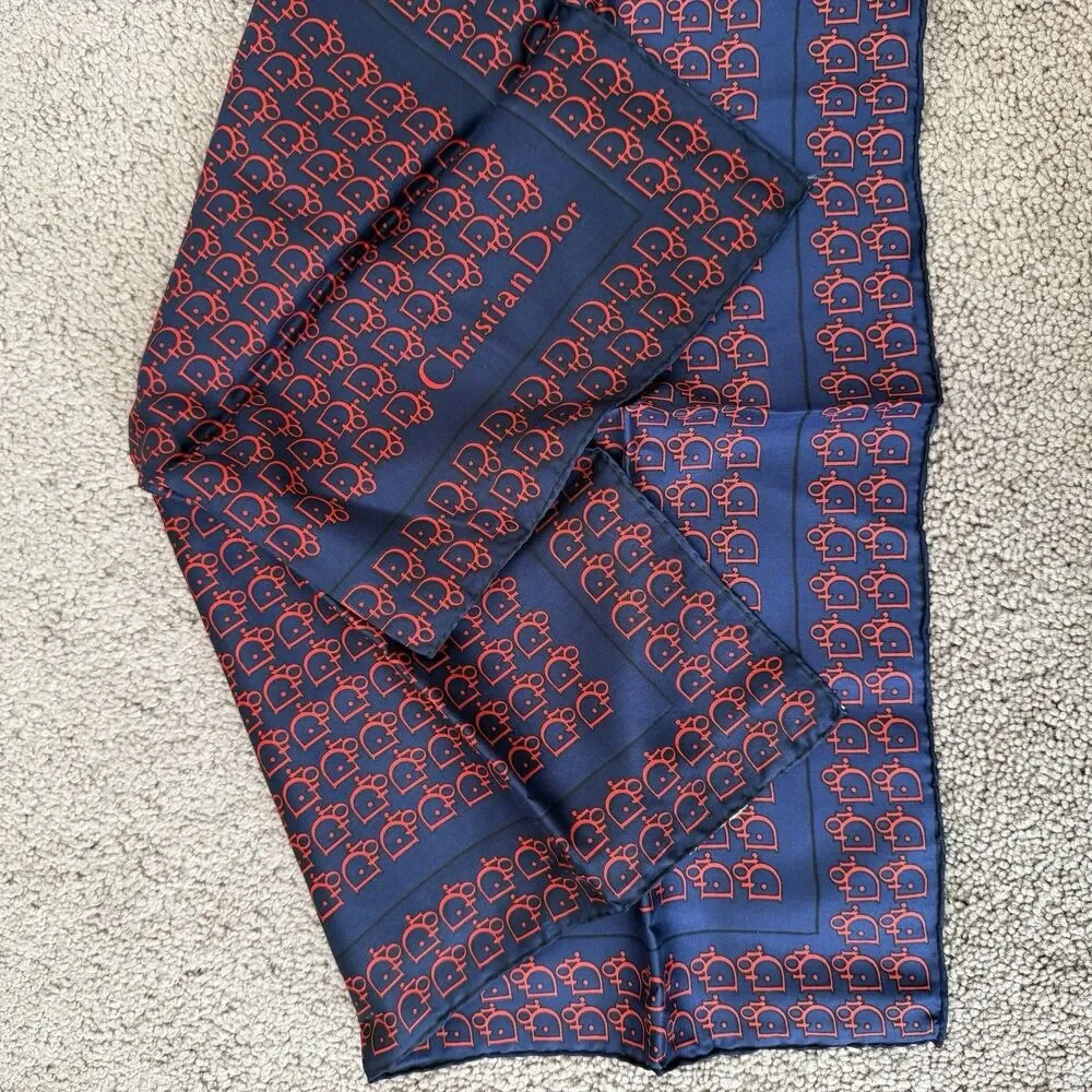 Authentic NWOT Christian Dior Women’s Square Silk Scarf Blue Red Trotter Logo